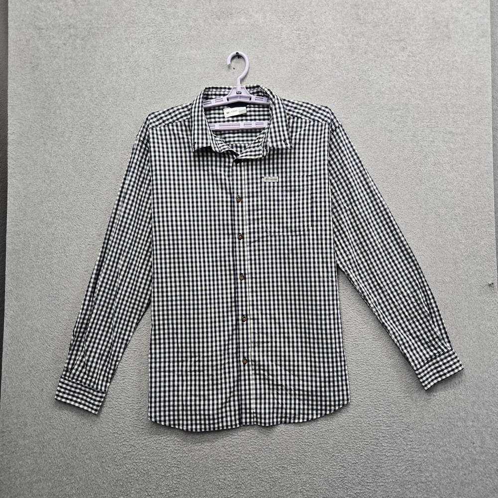 Columbia Men Button Up Shirt XL Navy Plaid Logo Long Sleeve Outdoor Hiking